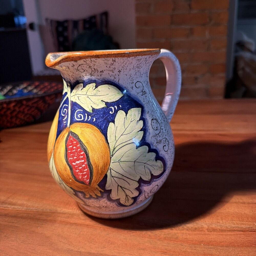 Artistica Made In Italy Pitcher Hand Painted Fruits Italian Pottery With Stamp